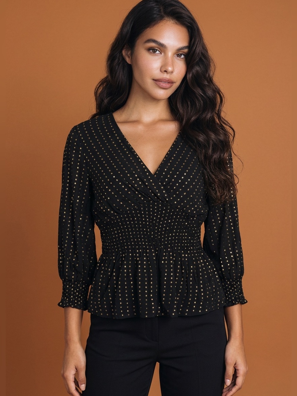 Harve Benard Black Blouse with Gold Dot Print